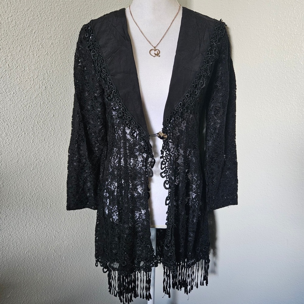 SAM Black Sheer Floral Lace Fringed Cardigan Toggle Closure
